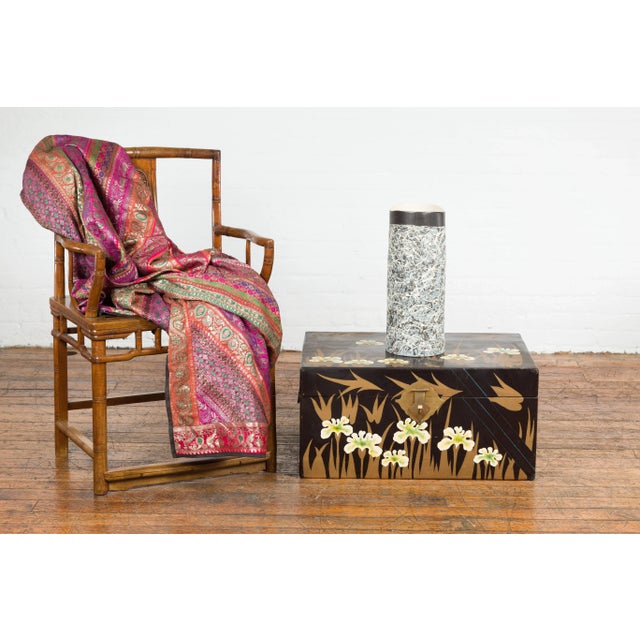 Japanese Early 20th Century Japanese Late Meiji Period Black Lacquer Blanket Chest with Golden Painted Décor For Sale - Image 3 of 13