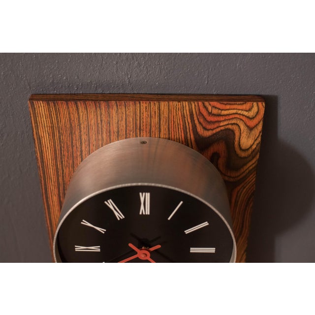 Mid Century Modern Zebrawood and Chrome Wall Clock by Howard Miller For Sale In Monterey, CA - Image 6 of 14