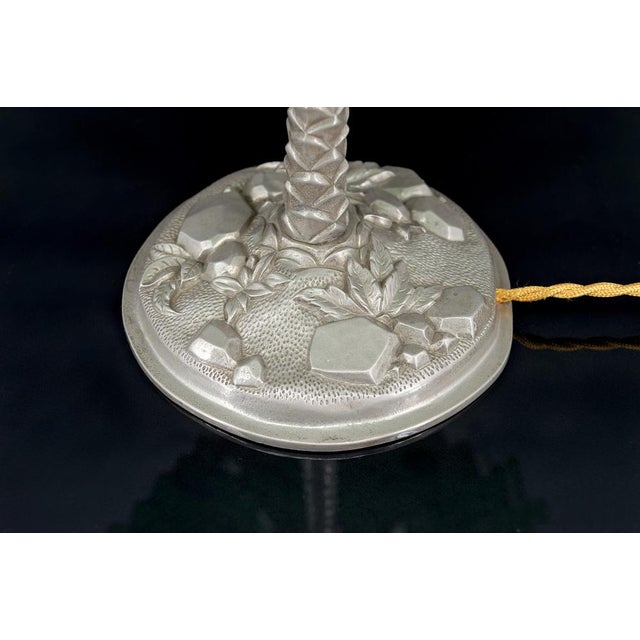 Superb tree/palm lamp, silvered bronze base. Green stained glass lampshade Art Nouveau, France, Circa 1900 In excellent...