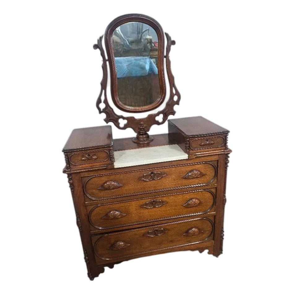 Antique Victorian Marble Top Dresser With Swivel Mirror