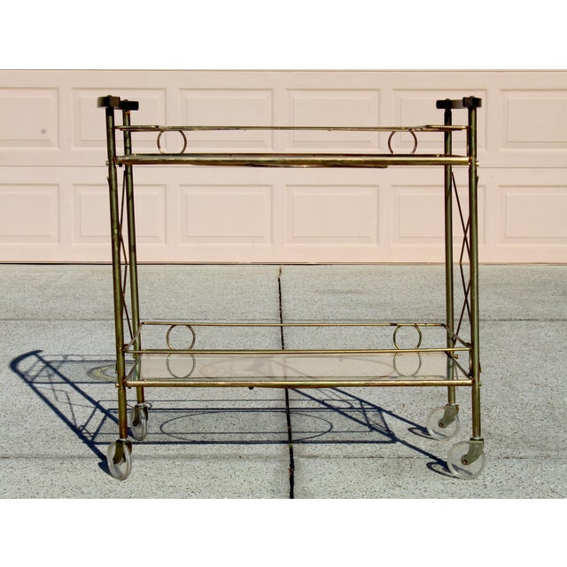 Mid-Century Modern Brass & Glass Bar Cart With Blue & Gold Medallion Top | Hollywood Regency For Sale - Image 4 of 18