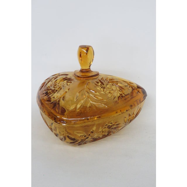 Hazel Atlas Amber Glass Lidded Triangle Dish With Embossed Leaf Pattern 5085b For Sale In Miami - Image 6 of 14