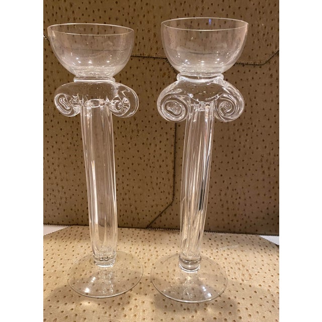 Transparent Pair of 1980s Hand Blown Glass Candlesticks, Corinthian Column Style Fluted Glass With Candle Cup Holder on Top For Sale - Image 8 of 9