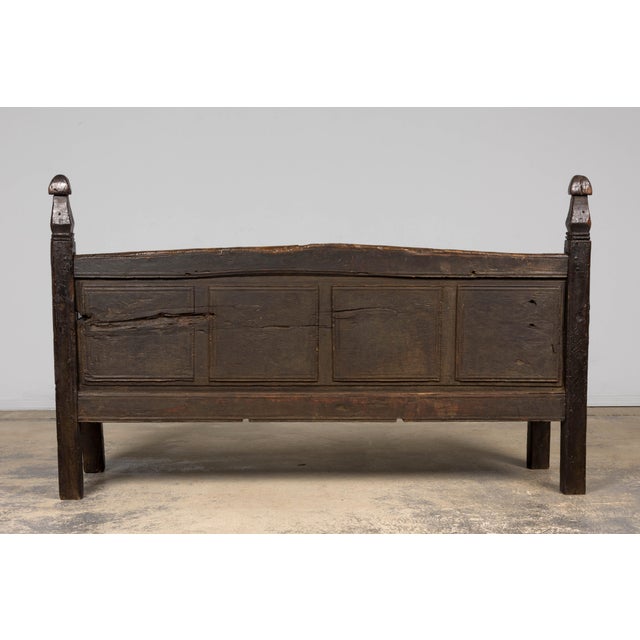 18th Century Spanish Rustic Oak Bench With Carved Panels and Dark Patina For Sale - Image 18 of 18