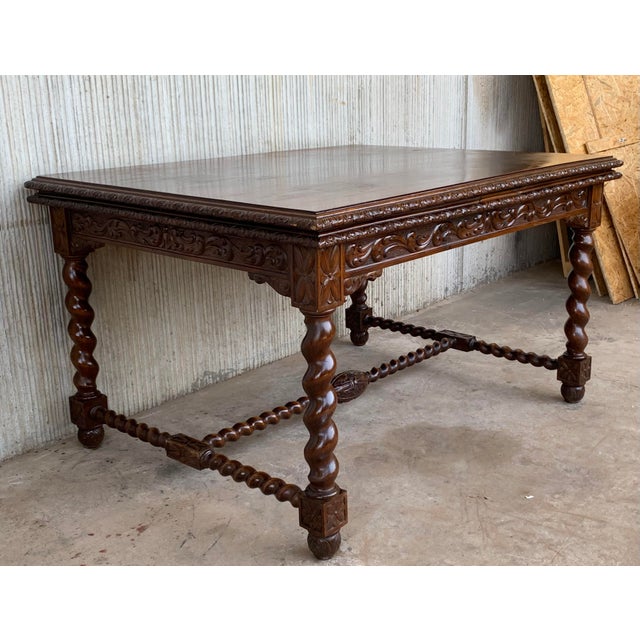 19th Spanish Baroque Walnut Solomonic Legs Extendable Table With Carved Frame For Sale - Image 4 of 13