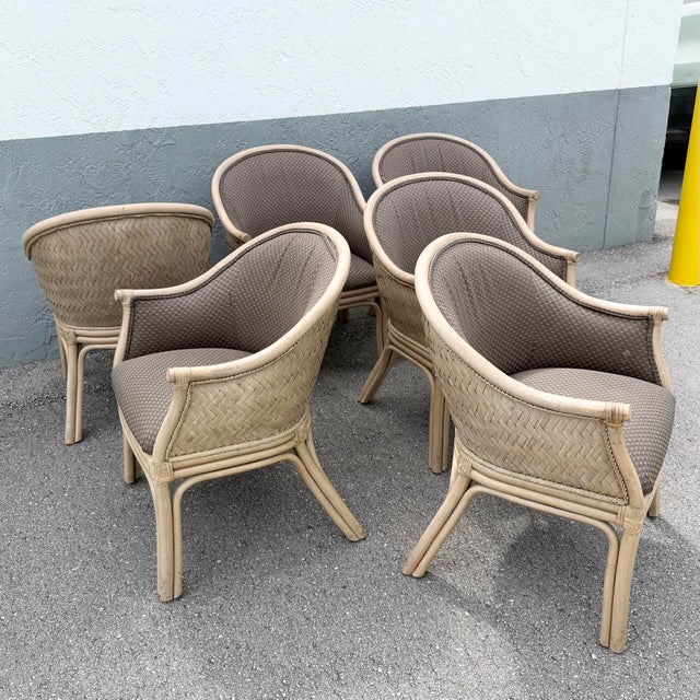 Boho Chic Rattan and Wicker Barrel Dining Chairs by Budji - Set of 6 For Sale In West Palm - Image 6 of 12
