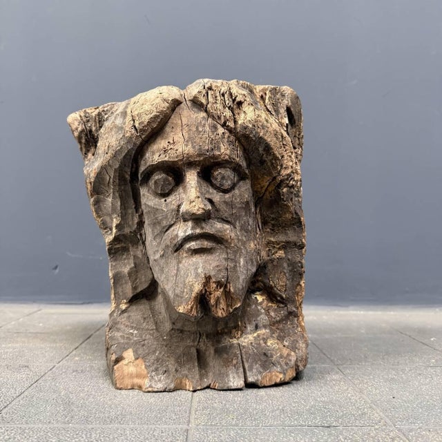 Head Carved from Wooden Trunk, 1950s For Sale - Image 4 of 16