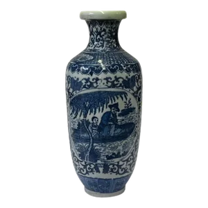 Chinese Blue White Porcelain People Graphic Round Shape Small Vase