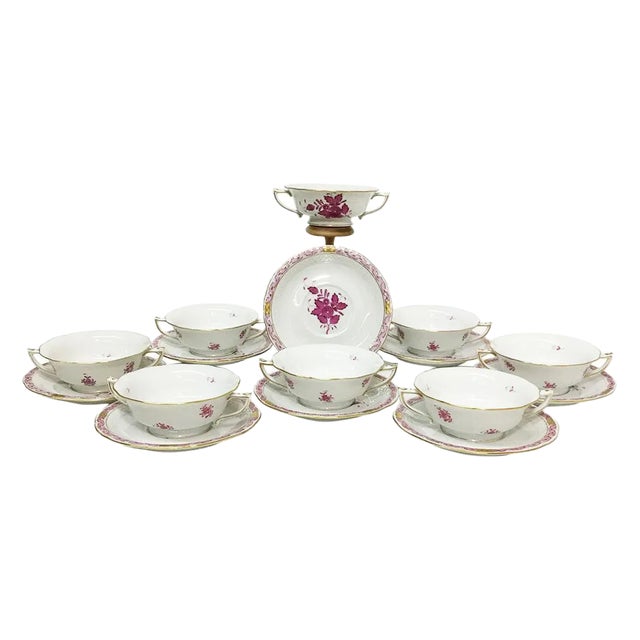 Chinese Bouquet Raspberry Porcelain Cream Soup Cups and Stands from Herend, Set of 16 For Sale