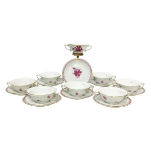 Chinese Bouquet Raspberry Porcelain Cream Soup Cups and Stands from Herend, Set of 16
