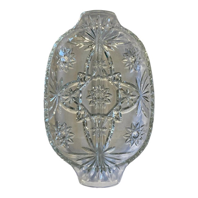 1950s Vintage Cut Glass Starburst Divided Serving or Candy Dish For Sale