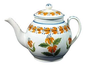 English Pottery Pearlware Teapot Decorated With Prattware Orange Flowers