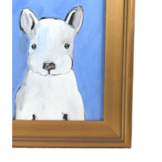 Charming folk art: dog puppy portrait study, oil painting on stretched artist canvas. Unsigned. Included are the antiqued-...