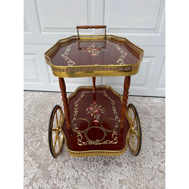 Mid-Century Traditional Wood and Brass Tea Cart With Floral Detail For Sale - Image 9 of 14