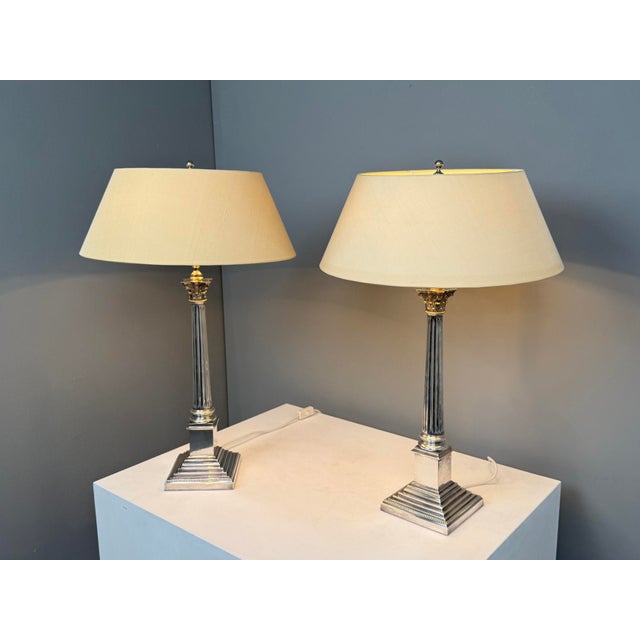 Silver-Plated Table Lamps with Corinthian Columns, England, 1970s, Set of 2 For Sale - Image 4 of 11