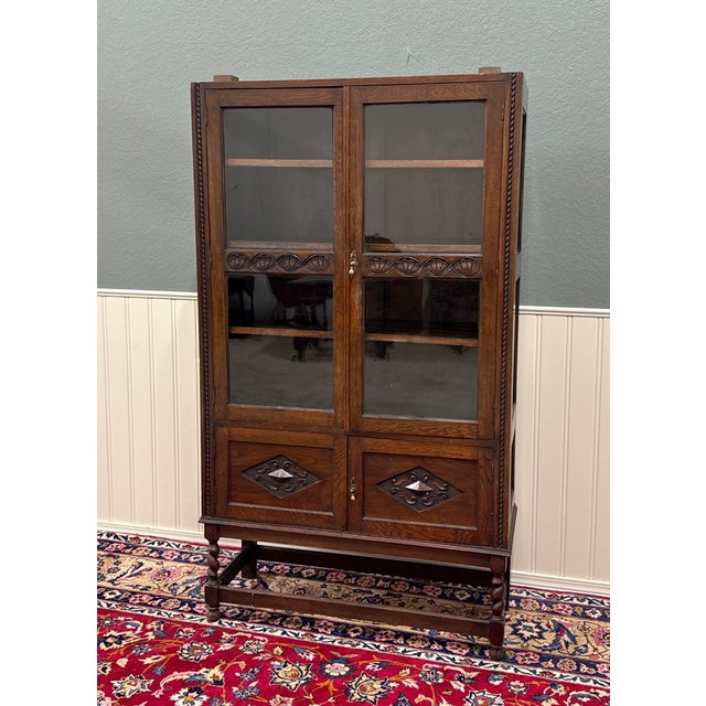 Antique English Bookcase Bookshelf Cabinet Double Door Barley Twist Oak c.1930s For Sale - Image 16 of 17