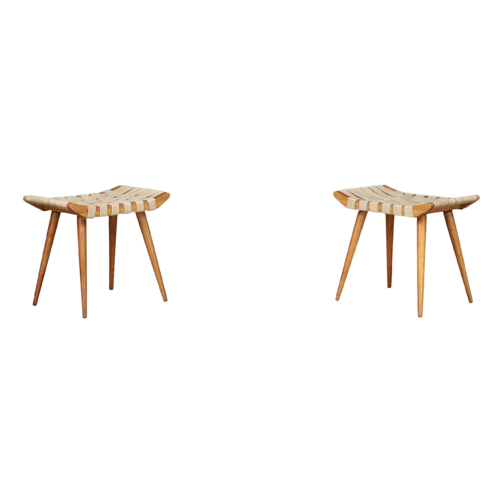 Mid-Century French Ash Stools with Original Canvas Webbing, 1950s, Set ...