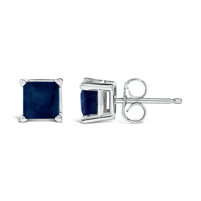 Contemporary 14K White Gold 5x5MM Princess Cut Blue Sapphire Solitaire Stud Earrings For Sale - Image 3 of 5