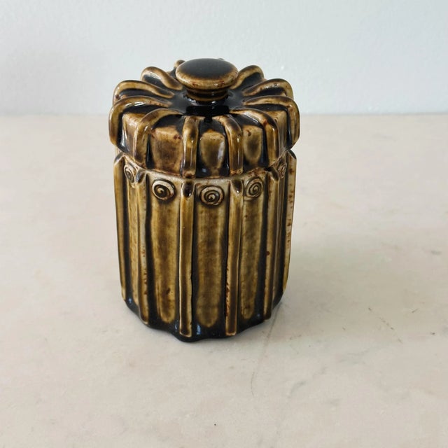 Mid-Century Pottery Lidded Crown Jar in Green Ochre Glaze For Sale - Image 4 of 9