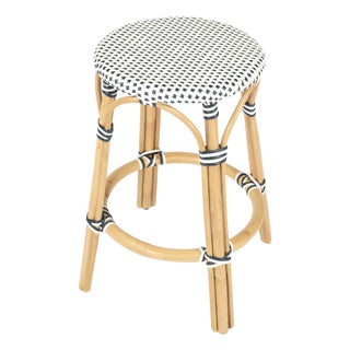 Tobias 24 in. Seat Height Round Rattan Backless Counter Stool, White/Navy Dot / Natural Rattan Frame For Sale