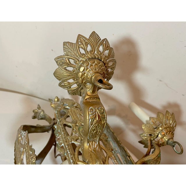 Gold Antique Ornate Art Deco 5 Arm Brass Alabaster Hanging Chandelier Fixture Lamp For Sale - Image 8 of 13