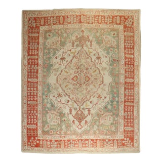 Zabihi Collection Ivory Antique Turkish Oushak Rug - 10'3" x 13' For Sale