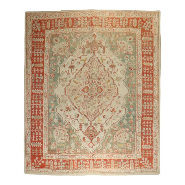 Zabihi Collection Ivory Antique Turkish Oushak Rug - 10'3" x 13' For Sale