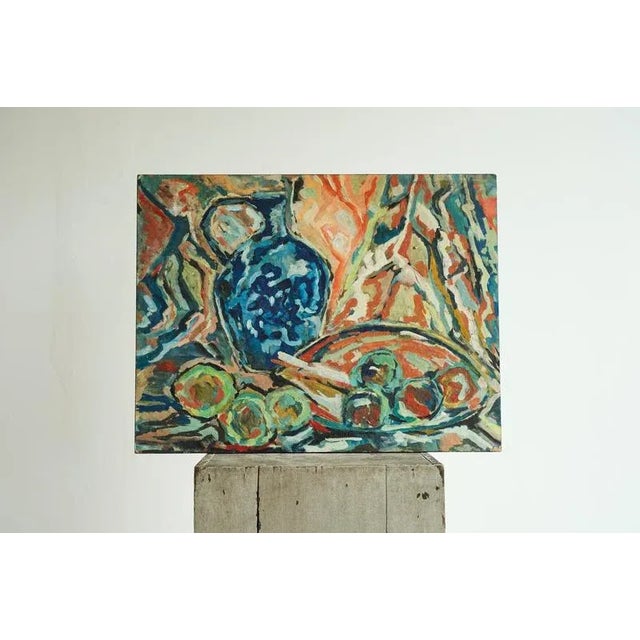 Modernist Table Scene Oil on Board, Europe, 1960s Beautiful and very expressive mid century painting on board. Semi...