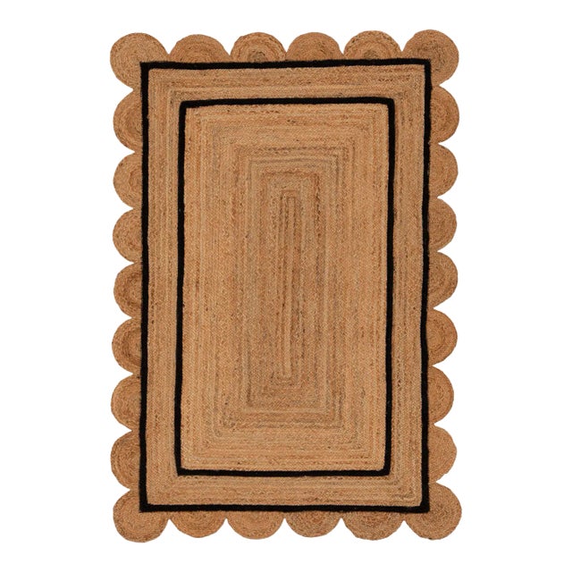 2.5x8 Ft. Black Double Line Border Braided Jute Scallop Rug For Sale