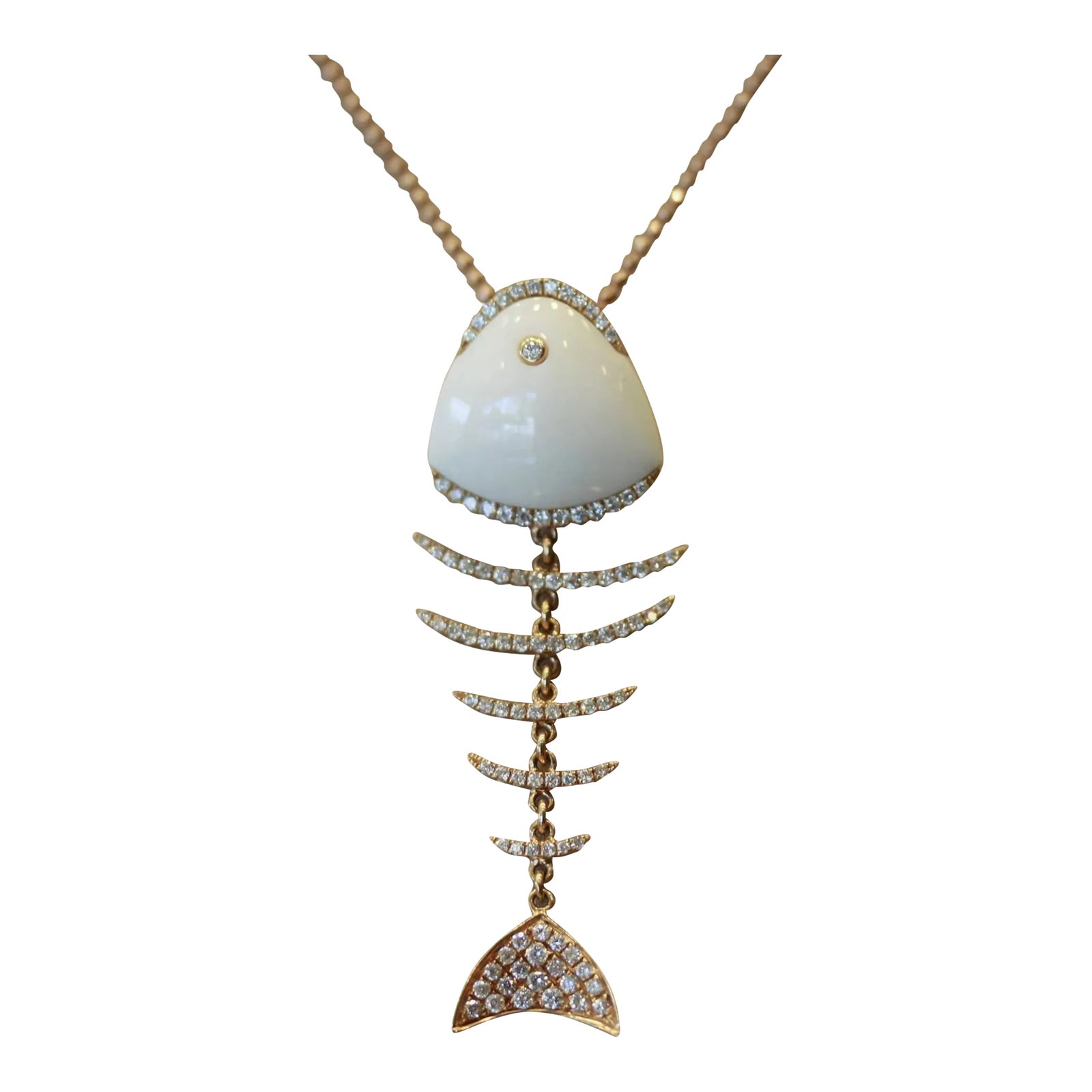 White Onyx Diamond Gold Fish-Bone Pendant Necklace | Chairish
