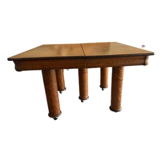 Antique Victorian Style Tiger Oak Table, Square Dining Table With Leaves on Casters For Sale