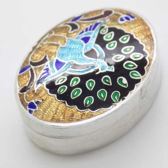 Vintage Italian Handmade Sterling Silver 925 Peacock Design Oval Solid Pill Box For Sale - Image 4 of 10