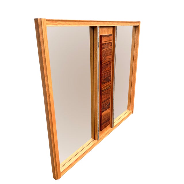 1970s Vintage Brutalist Modern Design Wall Mirror in Rosewood and Oak Mixed Woods For Sale - Image 5 of 5
