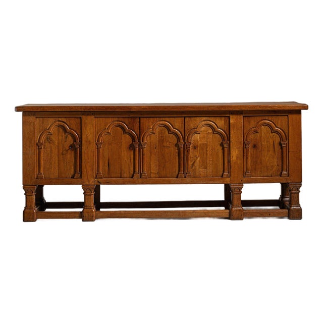 1970-1979 France Rich Walnut Brown Carved Walnut Gothic-Arch Buffet For Sale