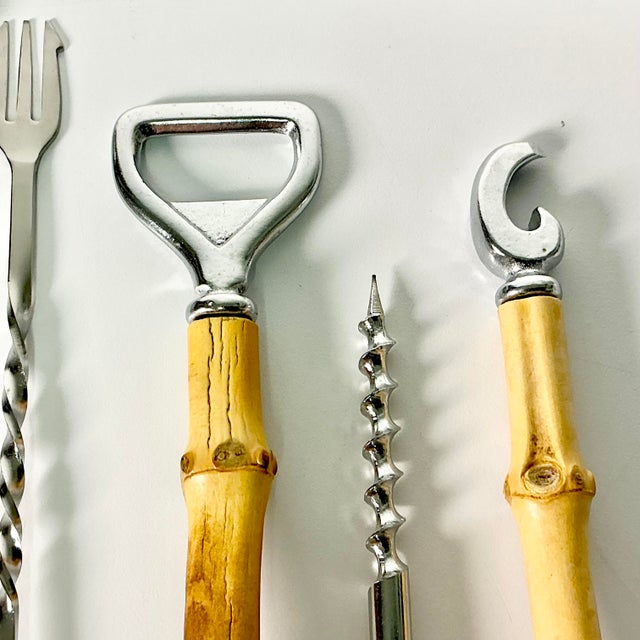 1970s Vintage Hollywood Regency Coastal Boho Chic Bamboo & Stainless Steel Bar Utensil Set - Set of 6 For Sale - Image 6 of 10