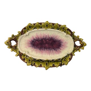 Victorian Majolica Oval Serving Tray With Ornate Leaf Border & Handles For Sale