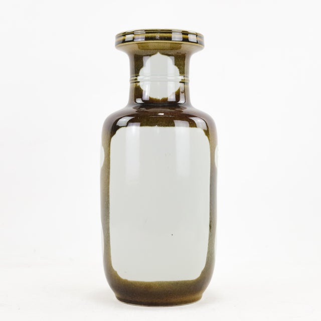 Olive Vintage Dark Olive Glazed Porcelain Vase With Blank White Windows For Sale - Image 8 of 8