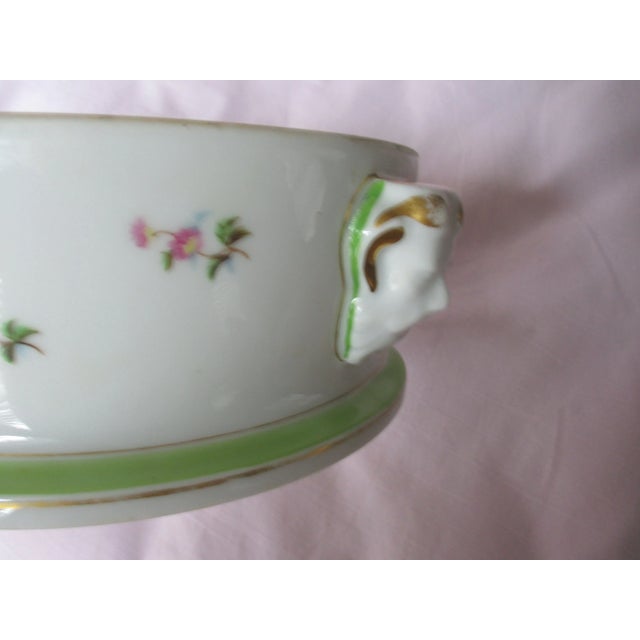 Antique French Porcelain White & Green With Flowers & Pan Face Handles Bowl For Sale - Image 10 of 13