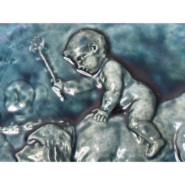 Pair Arts & Crafts Ceramic Relief Plaques Children With Goat & Children With Satyr & Dog c.1909 Attributed to Reginald Robert Tomlinson For Sale - Image 13 of 18
