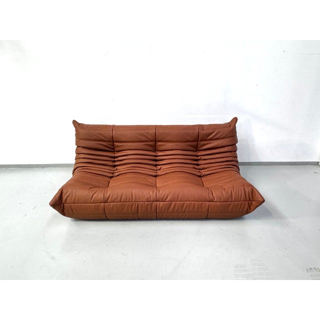 Mid-Century Modern French Togo Sofa in Thick Cognac Cow Leather by Michel Ducaroy for Ligne Roset For Sale - Image 3 of 15
