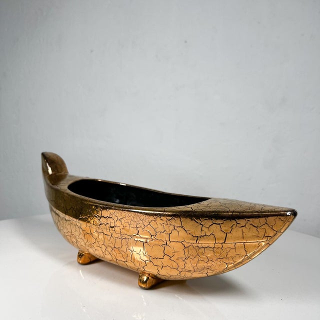 1960s Footed Ikebana Vase Mottled Gold Ceramic Boat For Sale - Image 9 of 10