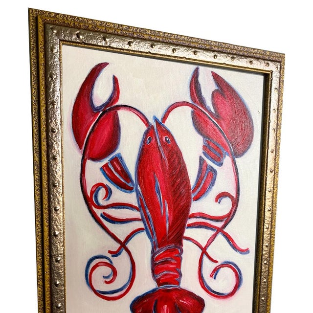 bold and magnificently decorative original painting featuring a grand red lobster rendered in rich crimson and deep blue-...