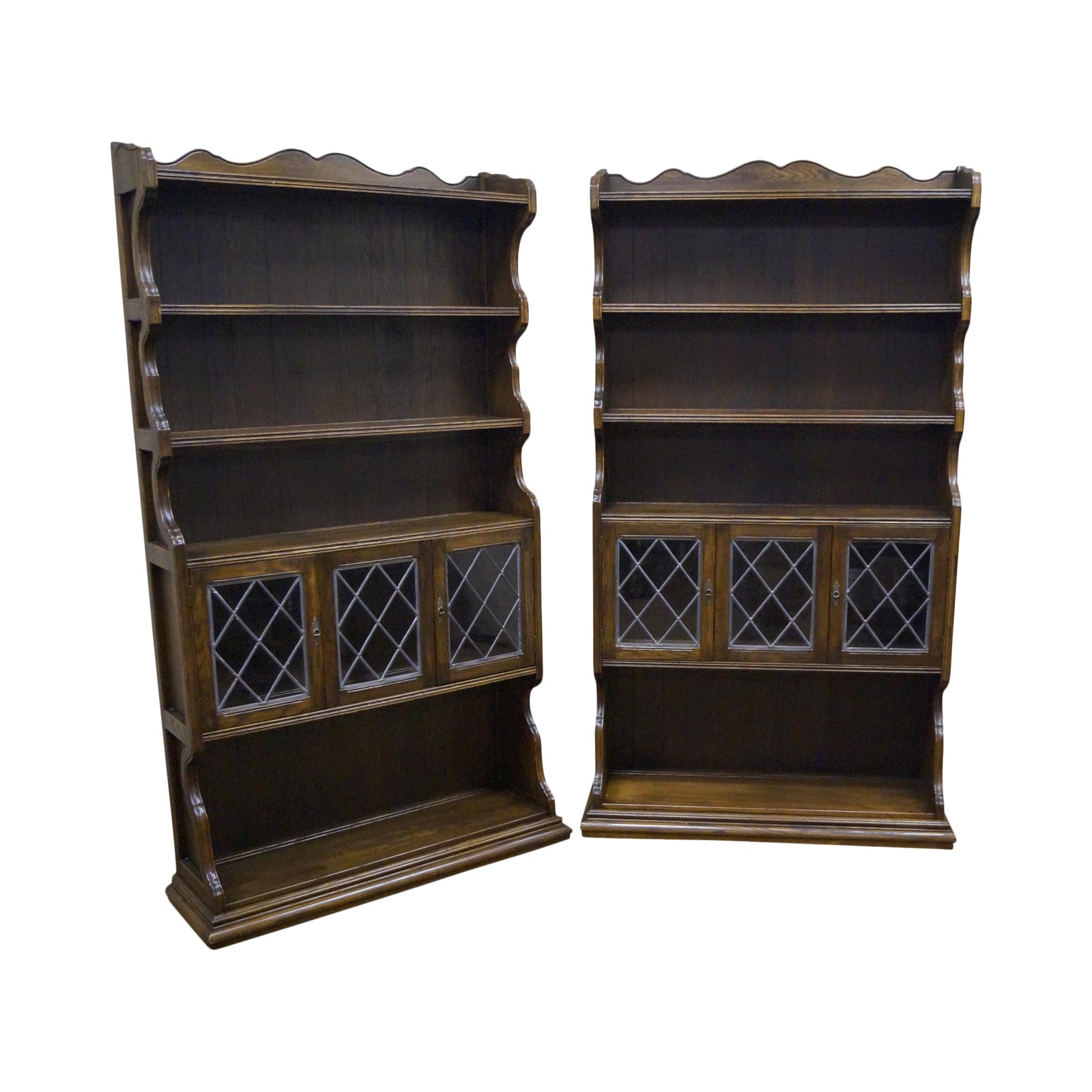 Ethan Allen Royal Charter Oak Leaded Glass Door Tall Open Bookcases a