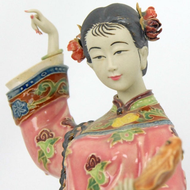 Vintage Shiwan Wucai Chinese Porcelain Pottery Figurine Lady Holding Fish Signed For Sale - Image 9 of 11
