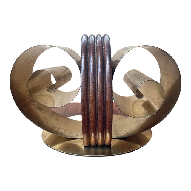 1930's Art Deco Twin Scroll Brass and Walnut Bookend For Sale