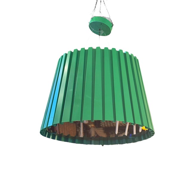 Green Vintage Industrial Green Ribbed Metal Pendant With an Orange Acrylic Shade For Sale - Image 8 of 8