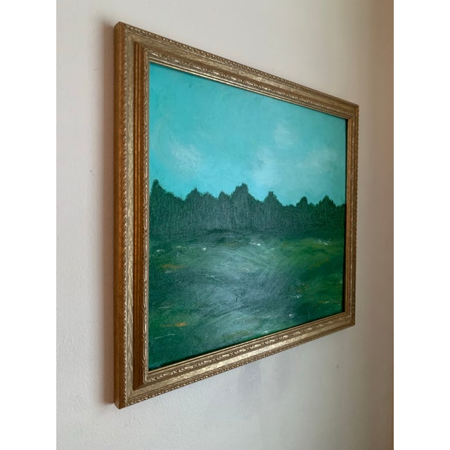A richly colored landscape painting featuring layered hues of green and blue, softly accented with touches of yellow that...