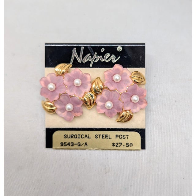 1990s Vintage Signed Napier Goldtone Pink Flowers & Faux-Pearls Pierced Earrings-2 Pieces For Sale - Image 5 of 8