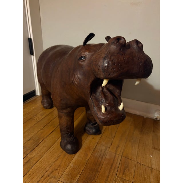Vintage 1970s Leather Wrapped Hippopotamus Figure With Glass Eyes For Sale - Image 4 of 9