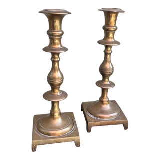 Antique English Barley Twist Brass Candlesticks, a Pair — Georgian Hollywood Regency For Sale